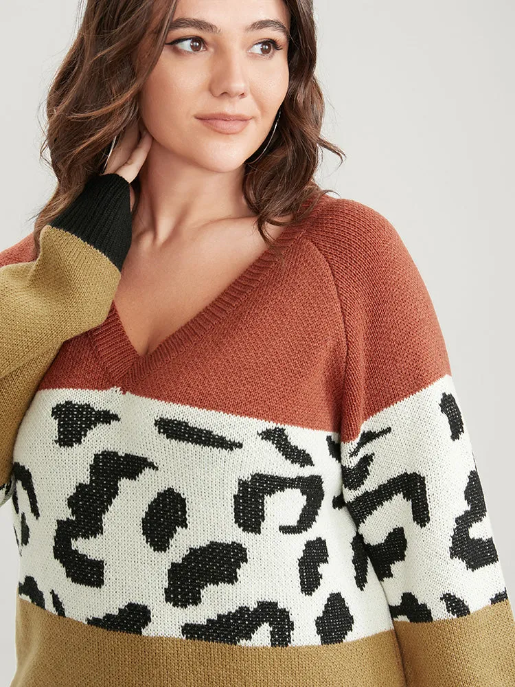 Leopard Colorblock Contrast Pointelle Knit V Neck Knit Top