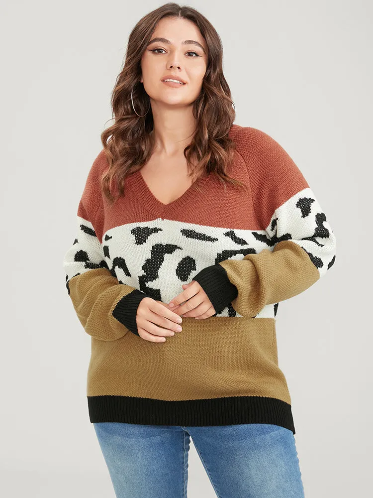 Leopard Colorblock Contrast Pointelle Knit V Neck Knit Top