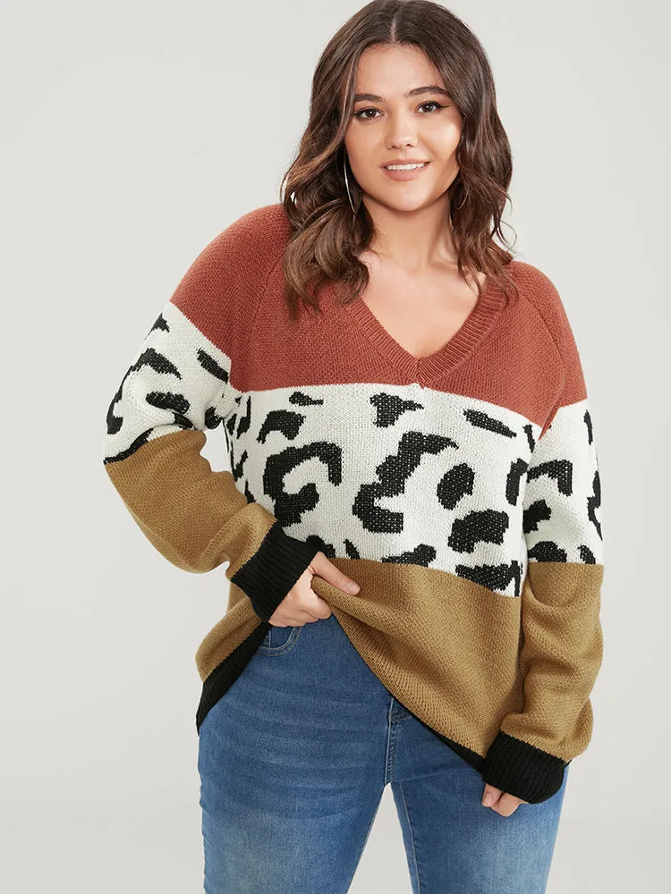 Leopard Colorblock Contrast Pointelle Knit V Neck Knit Top