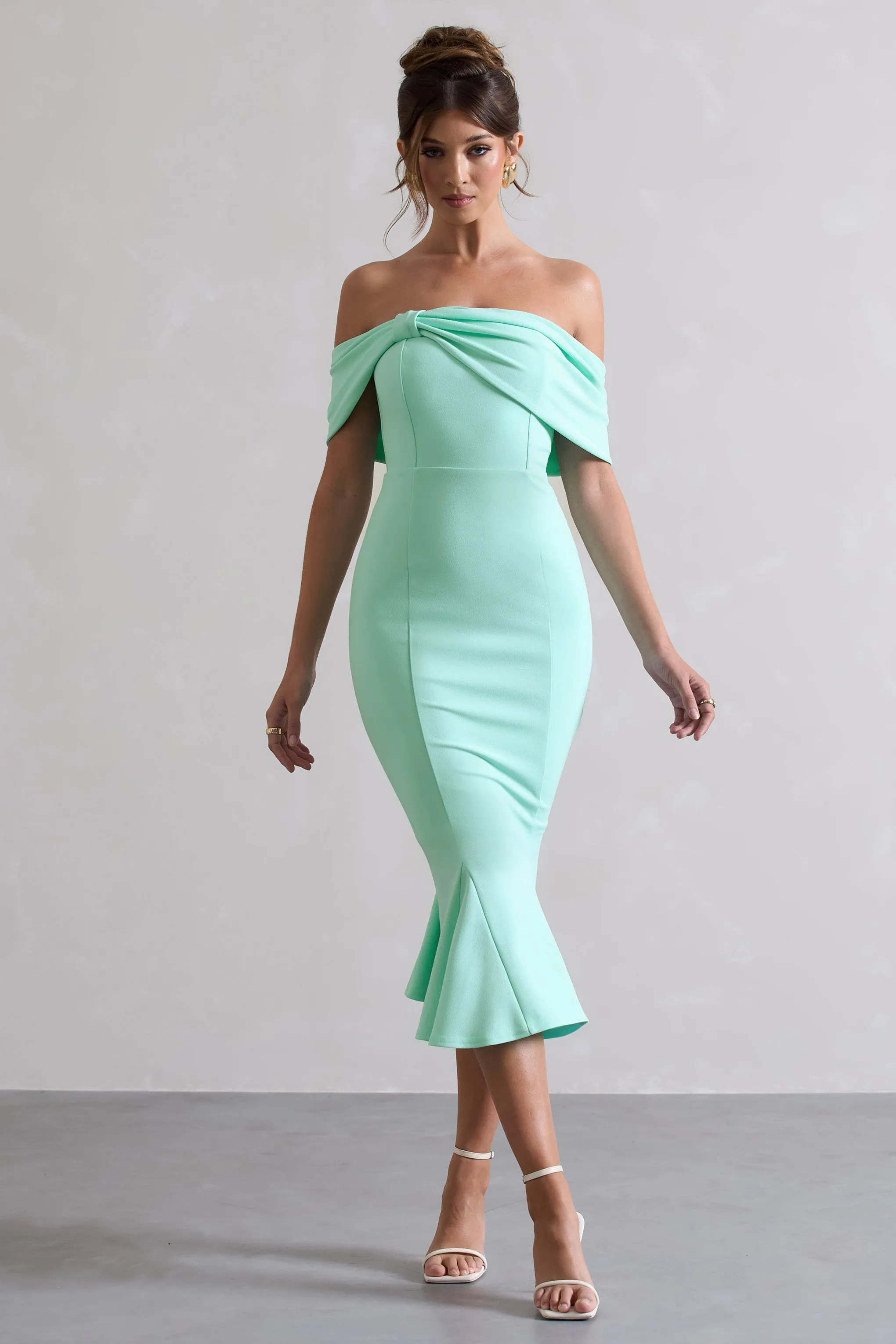 Lydia | Mint Bardot Bow Detail Midi Dress