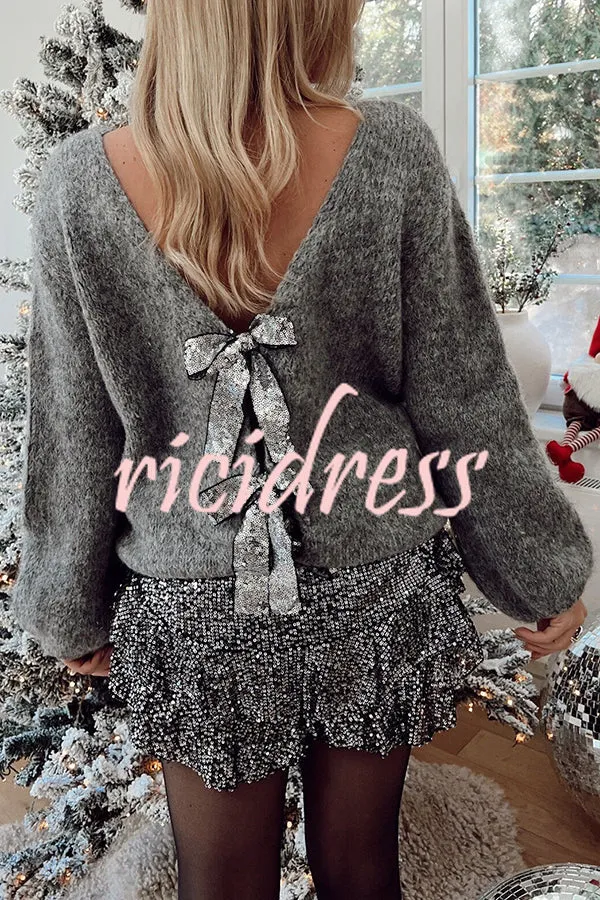 Misty Starlight Tie Front Sequin Bow Loose Sweater