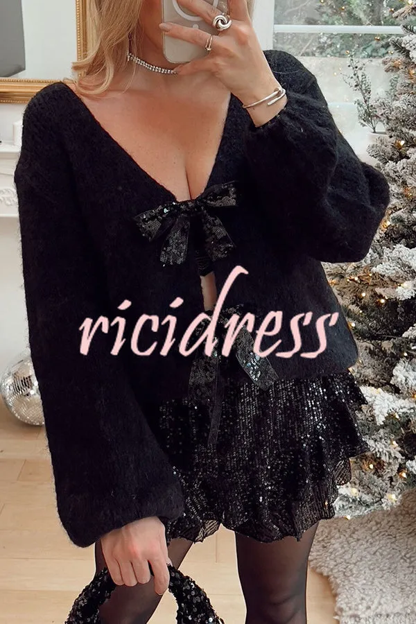 Misty Starlight Tie Front Sequin Bow Loose Sweater