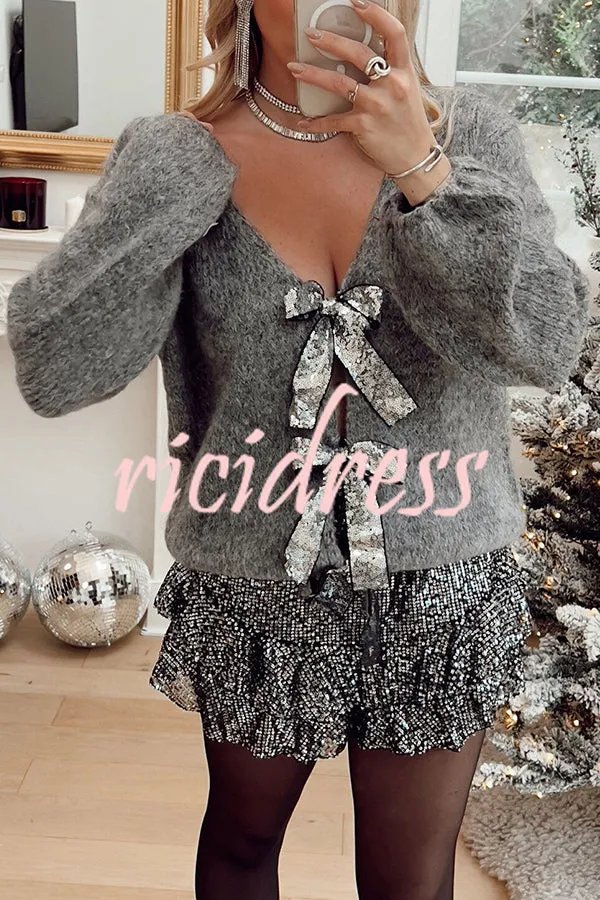 Misty Starlight Tie Front Sequin Bow Loose Sweater