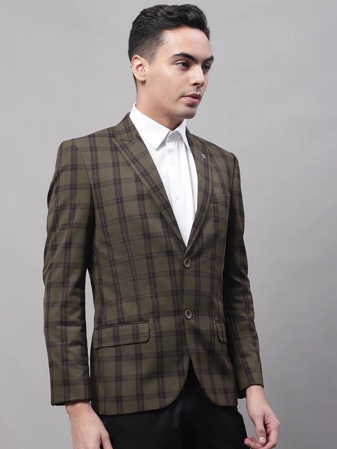 Olive Checkered Full Sleeves Formal Blazer For Men