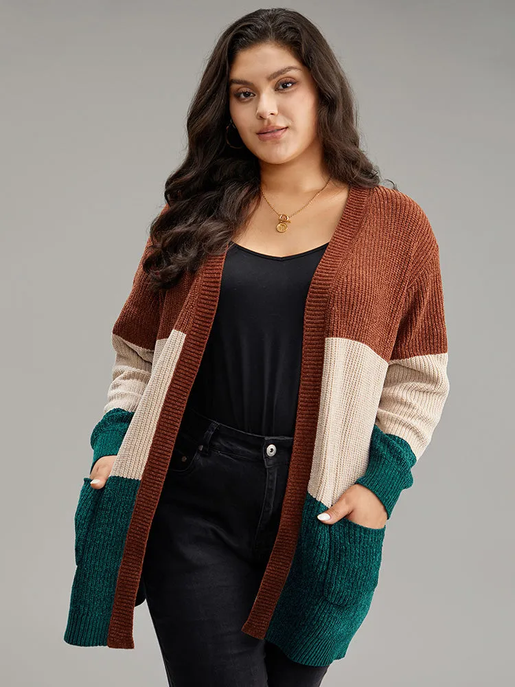 Open Front Colorblock Patched Pocket Cardigan