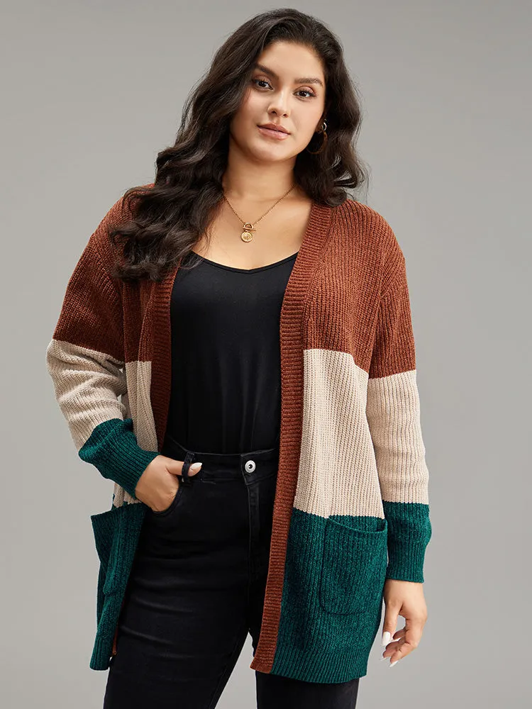 Open Front Colorblock Patched Pocket Cardigan