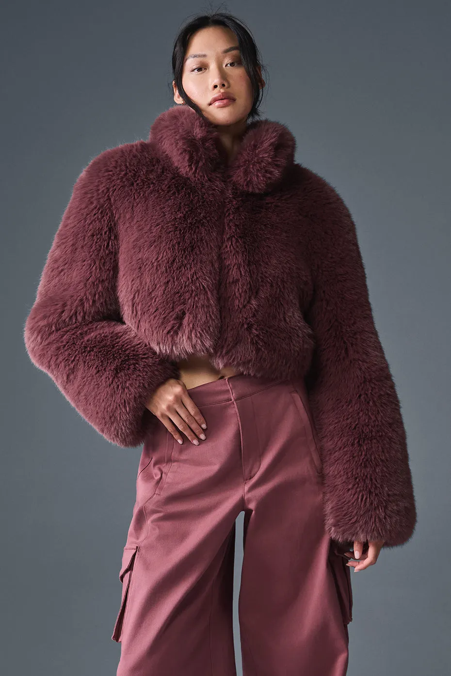 Opulent Faux Fur Cropped Jacket - Burgundy Truffle