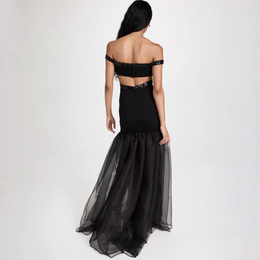 Opulent Sequin Off Shoulder Cutout Bandage Hybrid Fishtail Maxi Formal Dress