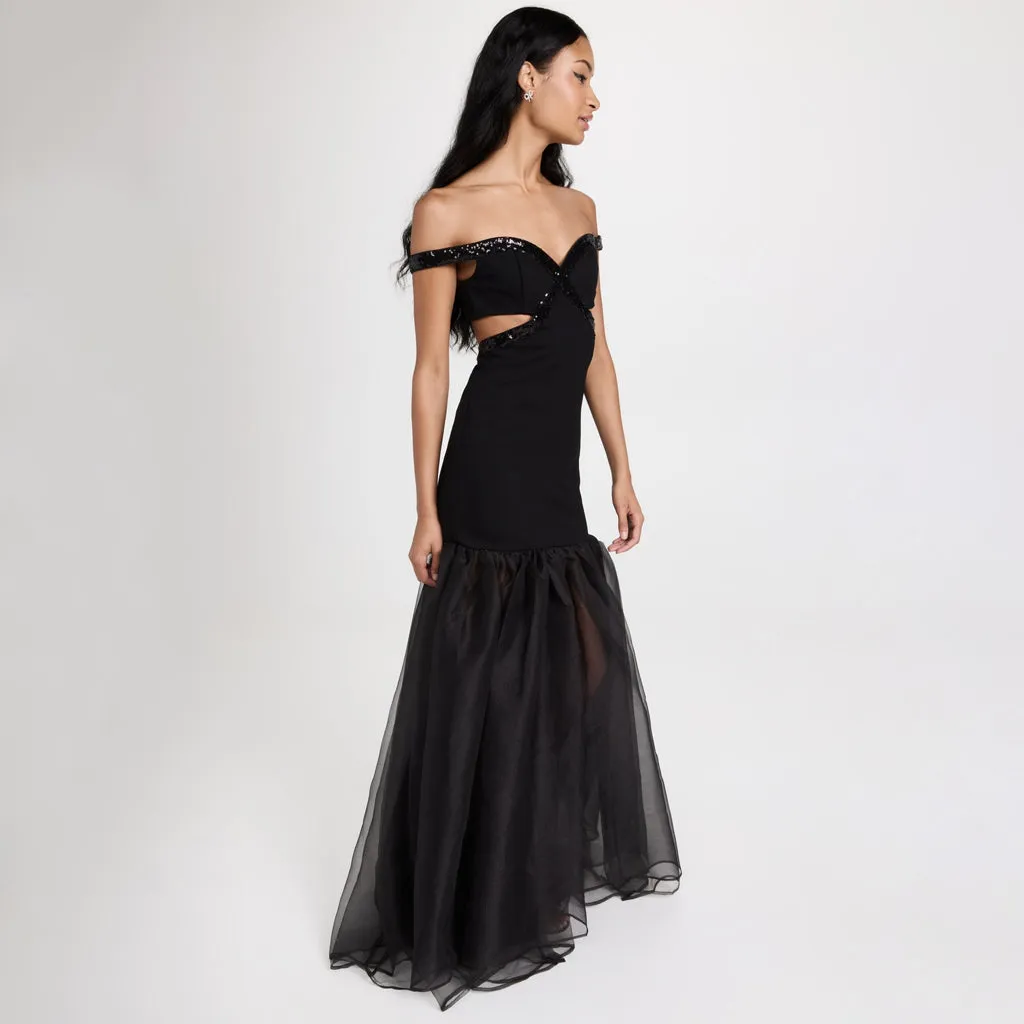 Opulent Sequin Off Shoulder Cutout Bandage Hybrid Fishtail Maxi Formal Dress