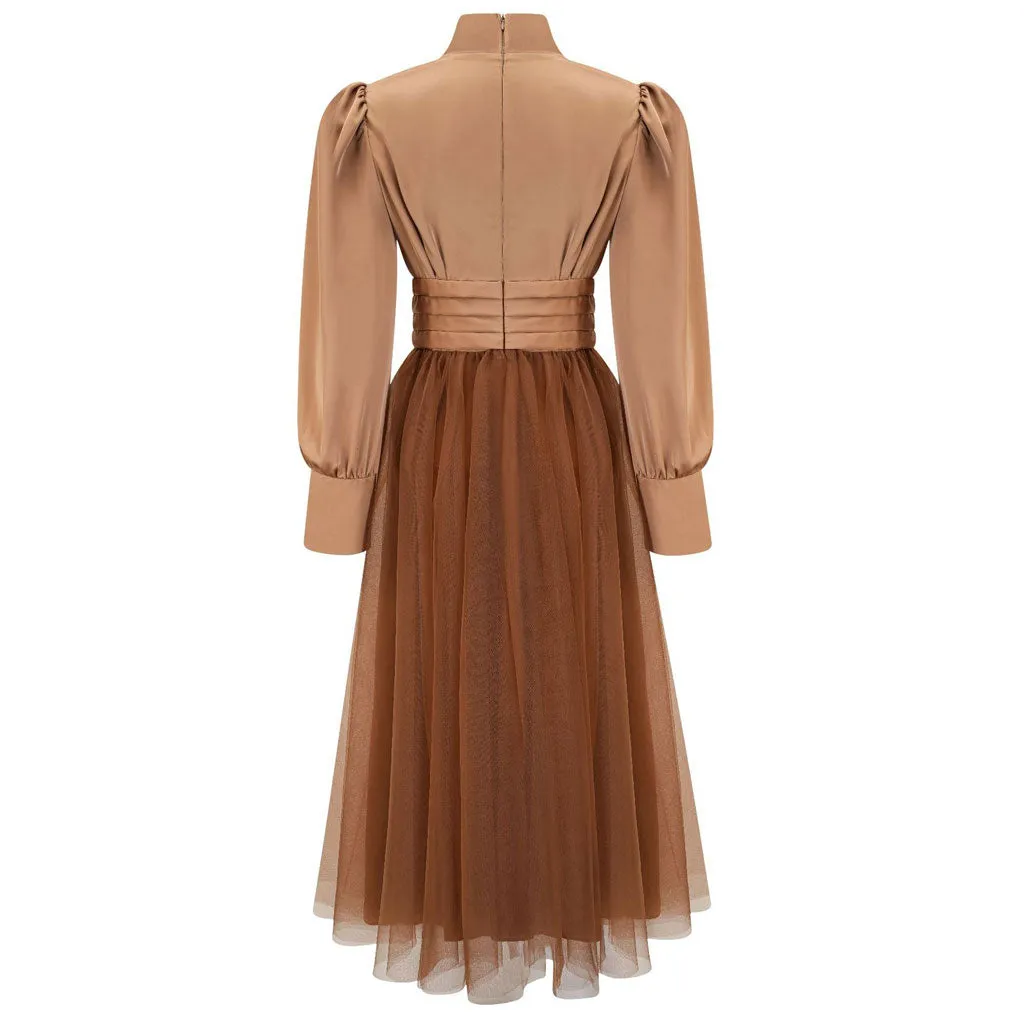 Opulent Two Tone Mock Neck Pleated High Waist Puff Sleeve Midi Dress