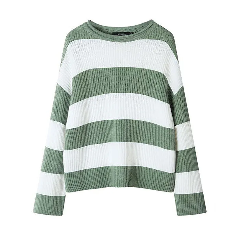 Oversized Contrast Striped Print Brioche Rib Knit Roll Trim Round Neck Drop Shoulder Sweater