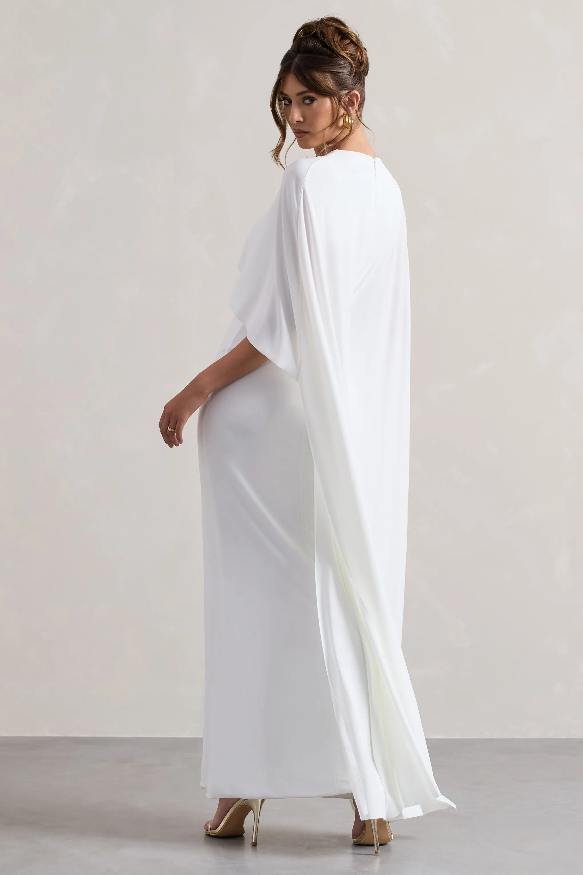 Palena | White Draped Maxi Dress With Cape Sleeves