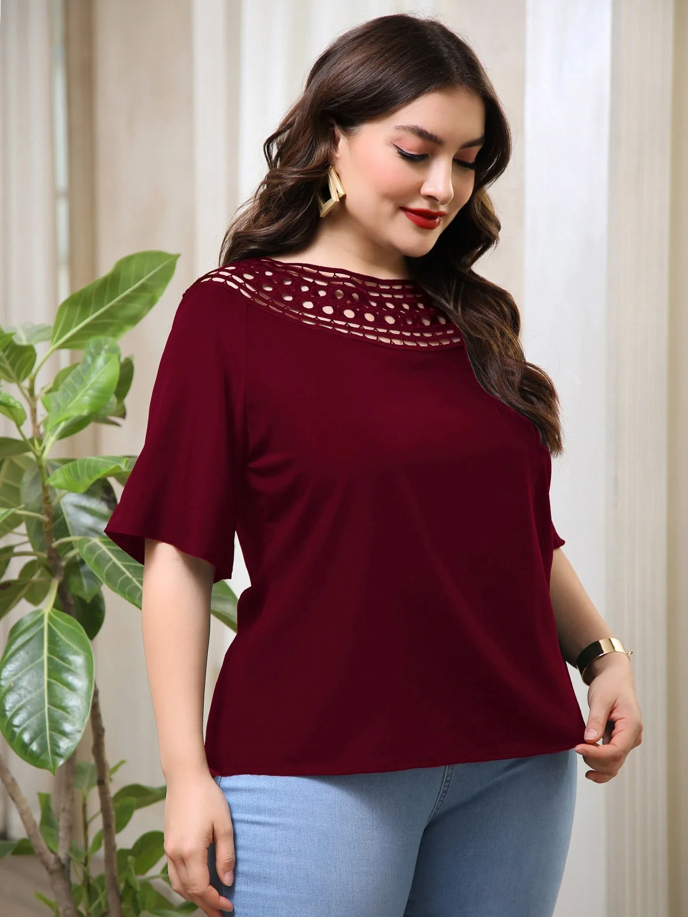 Plain Half Sleeve Boat Neck Regular Plus Size Blouse