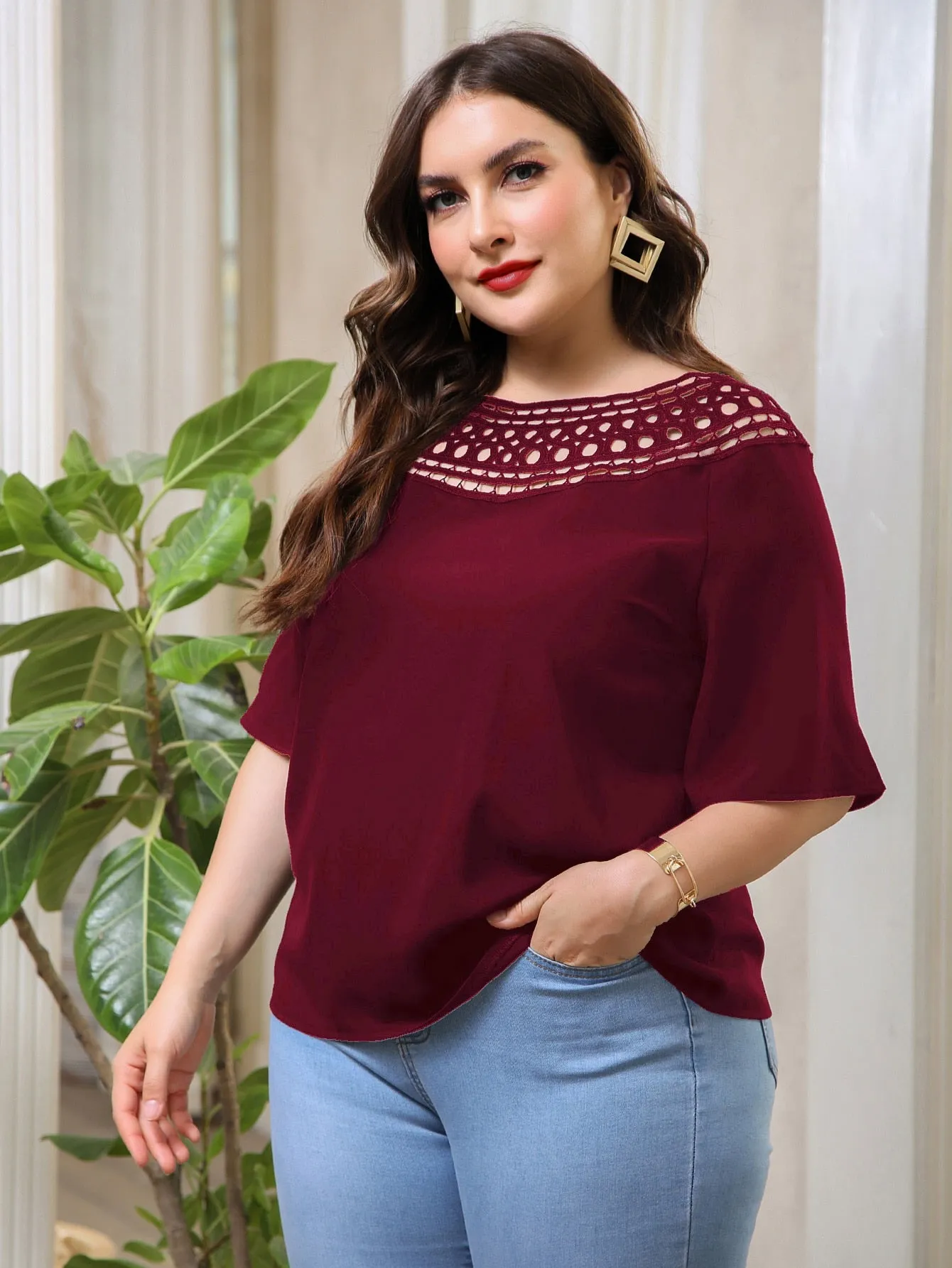 Plain Half Sleeve Boat Neck Regular Plus Size Blouse