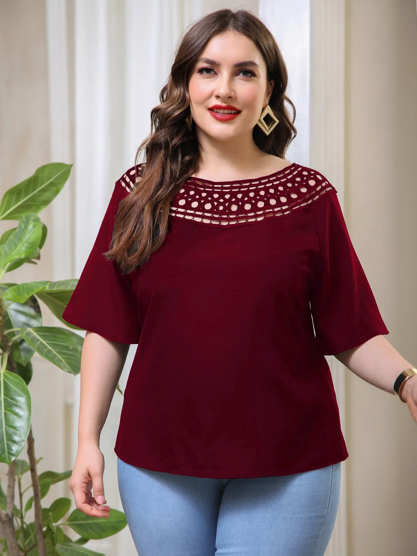 Plain Half Sleeve Boat Neck Regular Plus Size Blouse