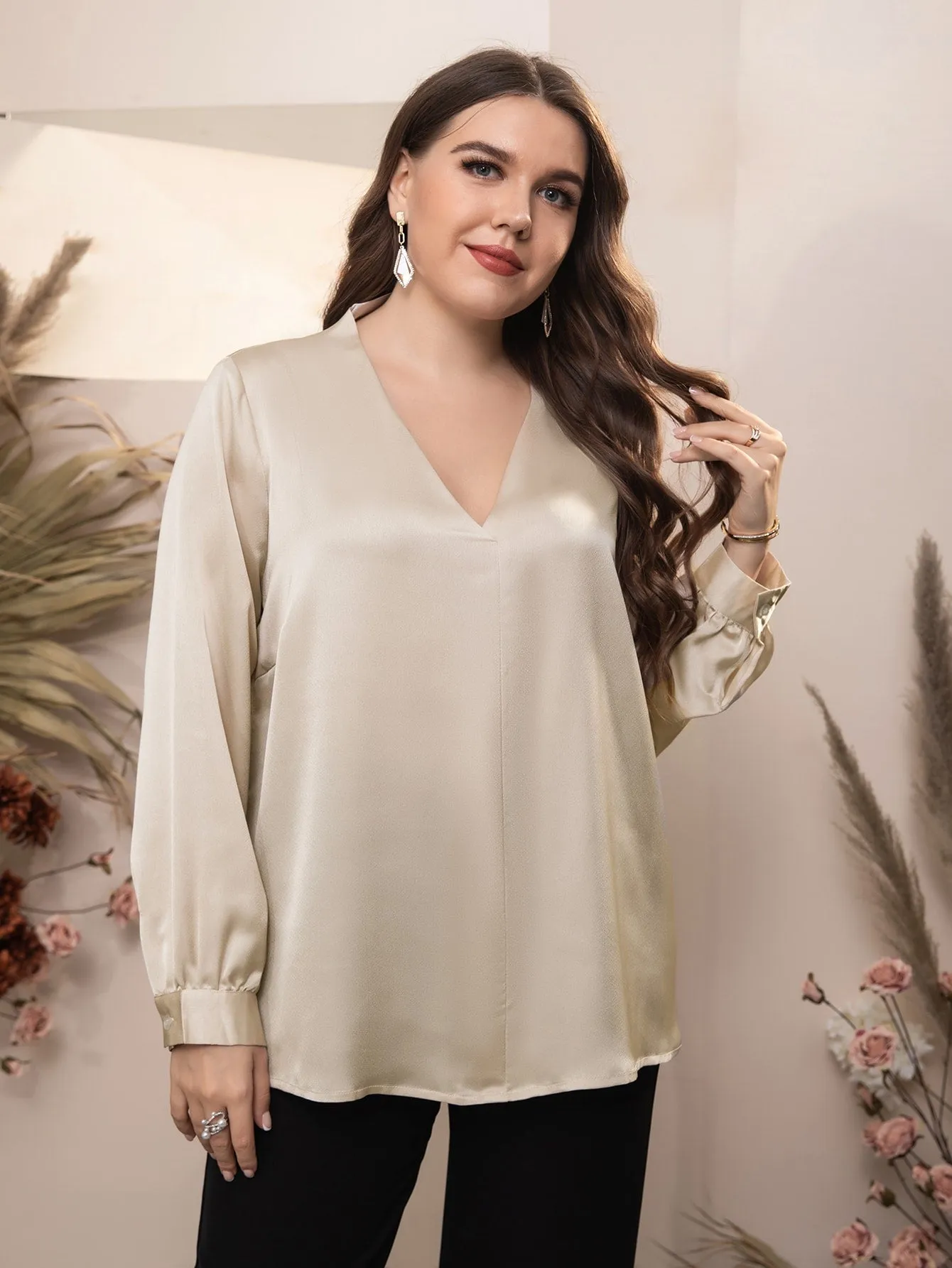 Plain Long Sleeve V Neck Long Plus Size Blouse