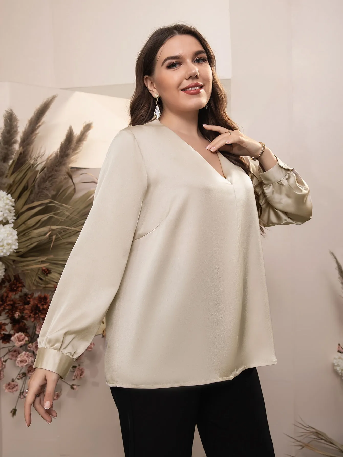 Plain Long Sleeve V Neck Long Plus Size Blouse