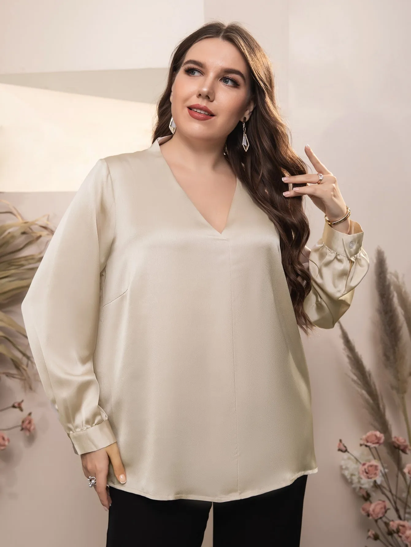 Plain Long Sleeve V Neck Long Plus Size Blouse