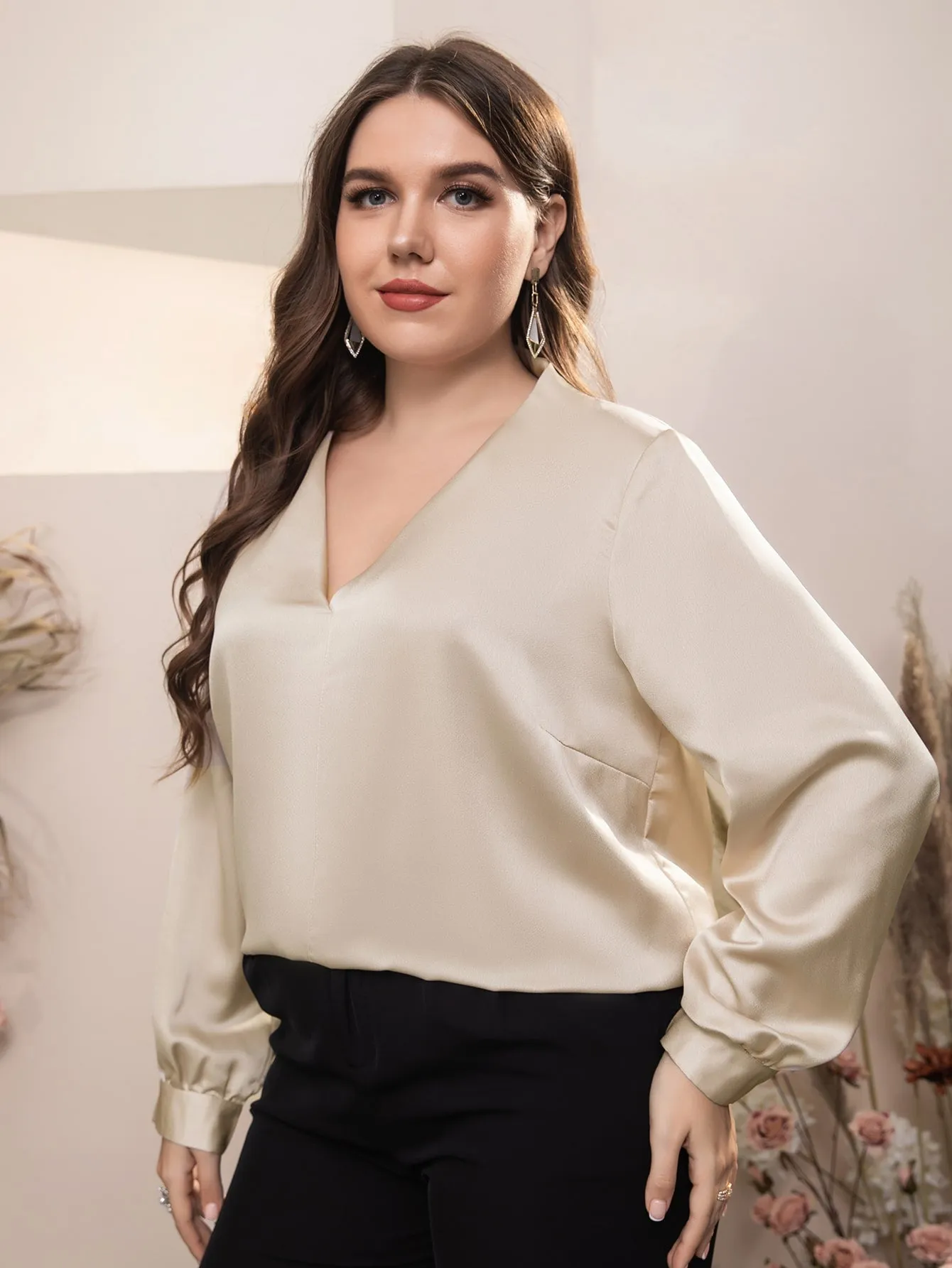 Plain Long Sleeve V Neck Long Plus Size Blouse