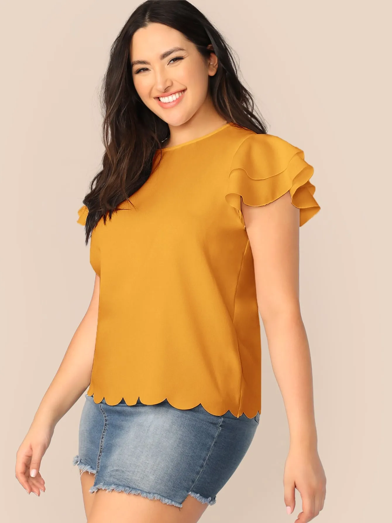 Plain Tiered Layer Cap Sleeve Round Neck Regular Plus Size Blouse