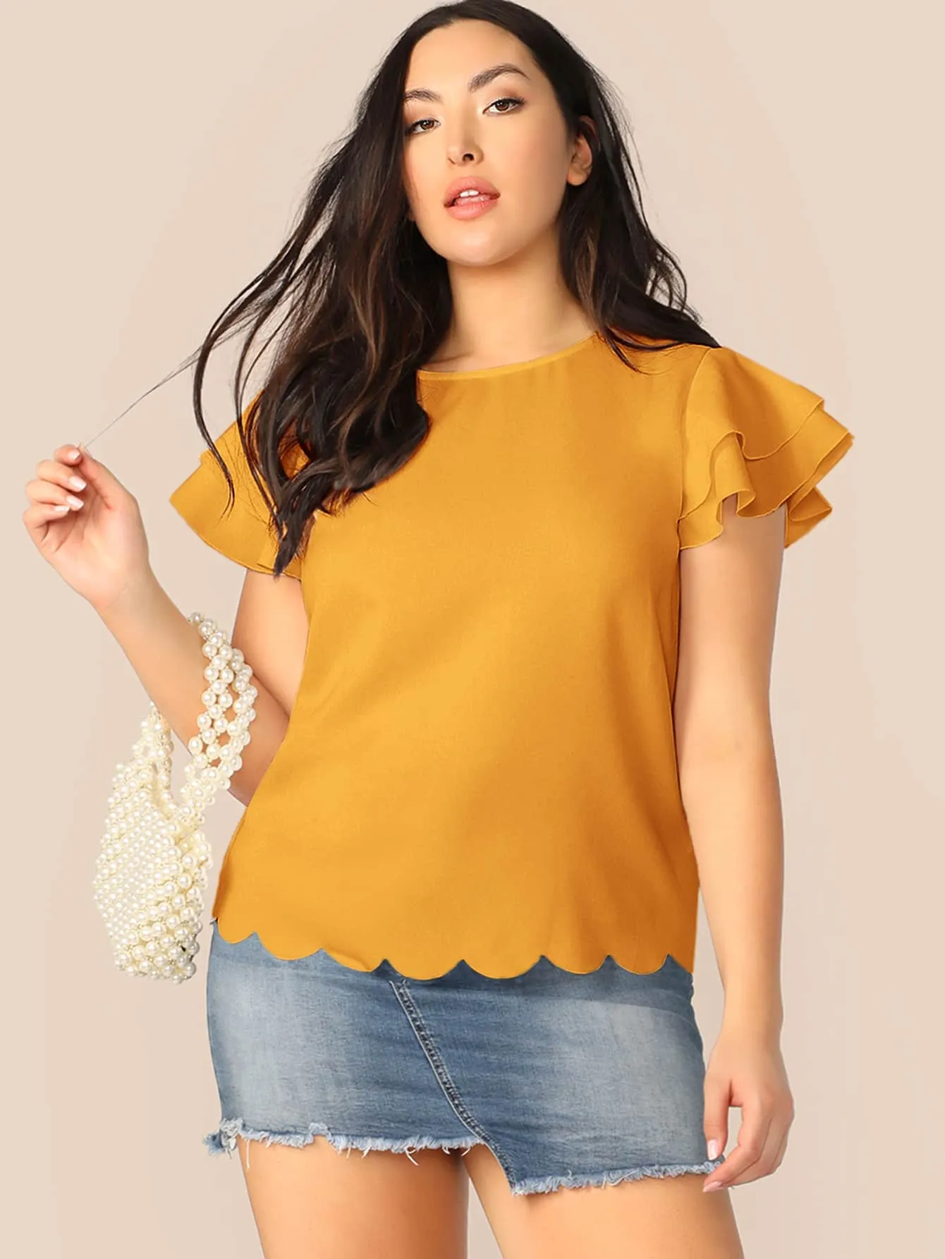 Plain Tiered Layer Cap Sleeve Round Neck Regular Plus Size Blouse