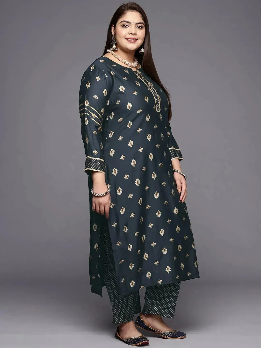 Plus Size Charcoal Printed Silk Blend Straight Kurta With Dupatta