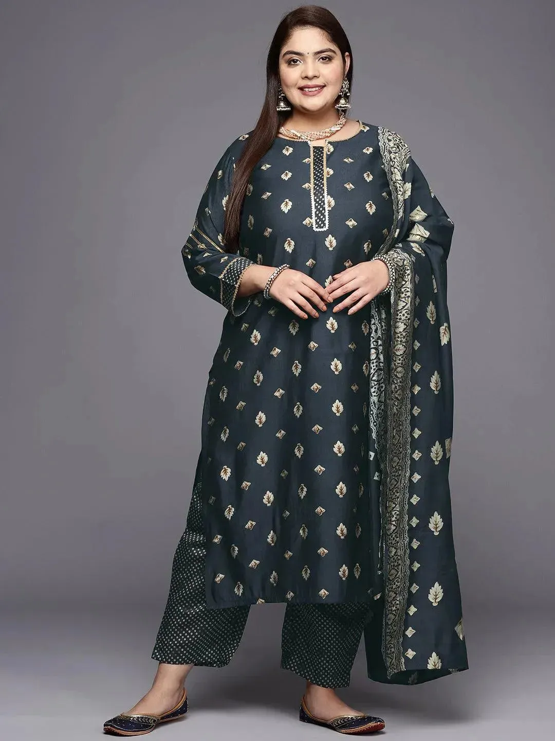 Plus Size Charcoal Printed Silk Blend Straight Kurta With Dupatta