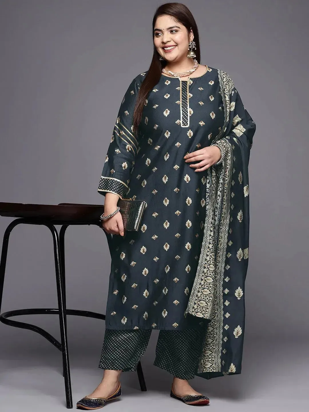 Plus Size Charcoal Printed Silk Blend Straight Kurta With Dupatta