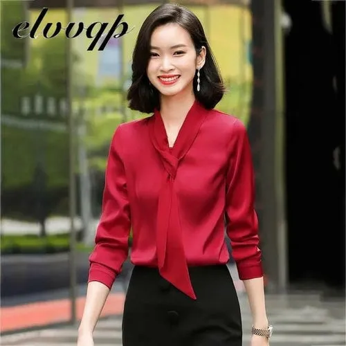 Plus Size Satin Elegant Women Blouses Spring Autumn Long Sleeve