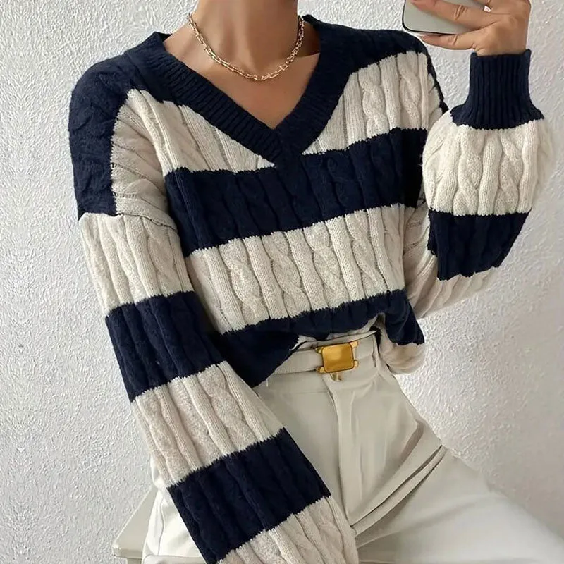 Preppy Striped V Neck Blouson Sleeve Oversized Cable Knit Pullover Sweater