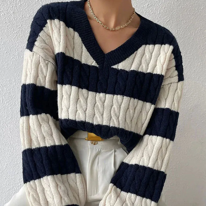 Preppy Striped V Neck Blouson Sleeve Oversized Cable Knit Pullover Sweater