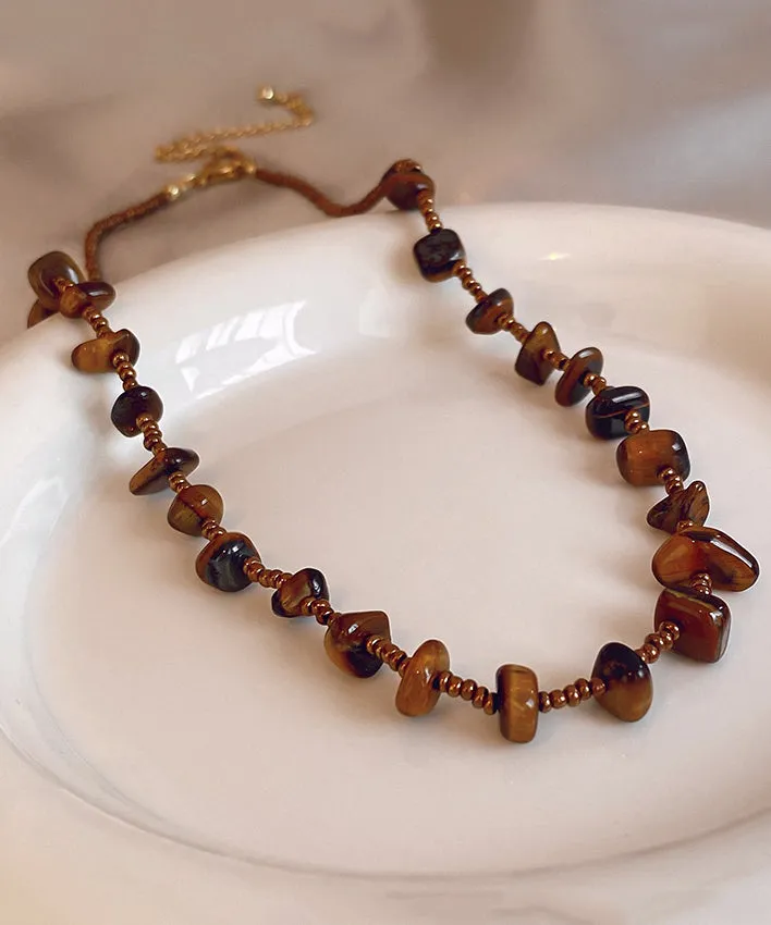 Retro Chocolate Alloy Tiger Eye Stone Beading Gratuated Bead Necklace WI040