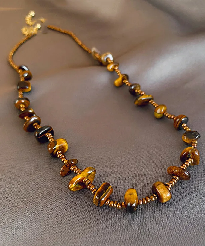 Retro Chocolate Alloy Tiger Eye Stone Beading Gratuated Bead Necklace WI040