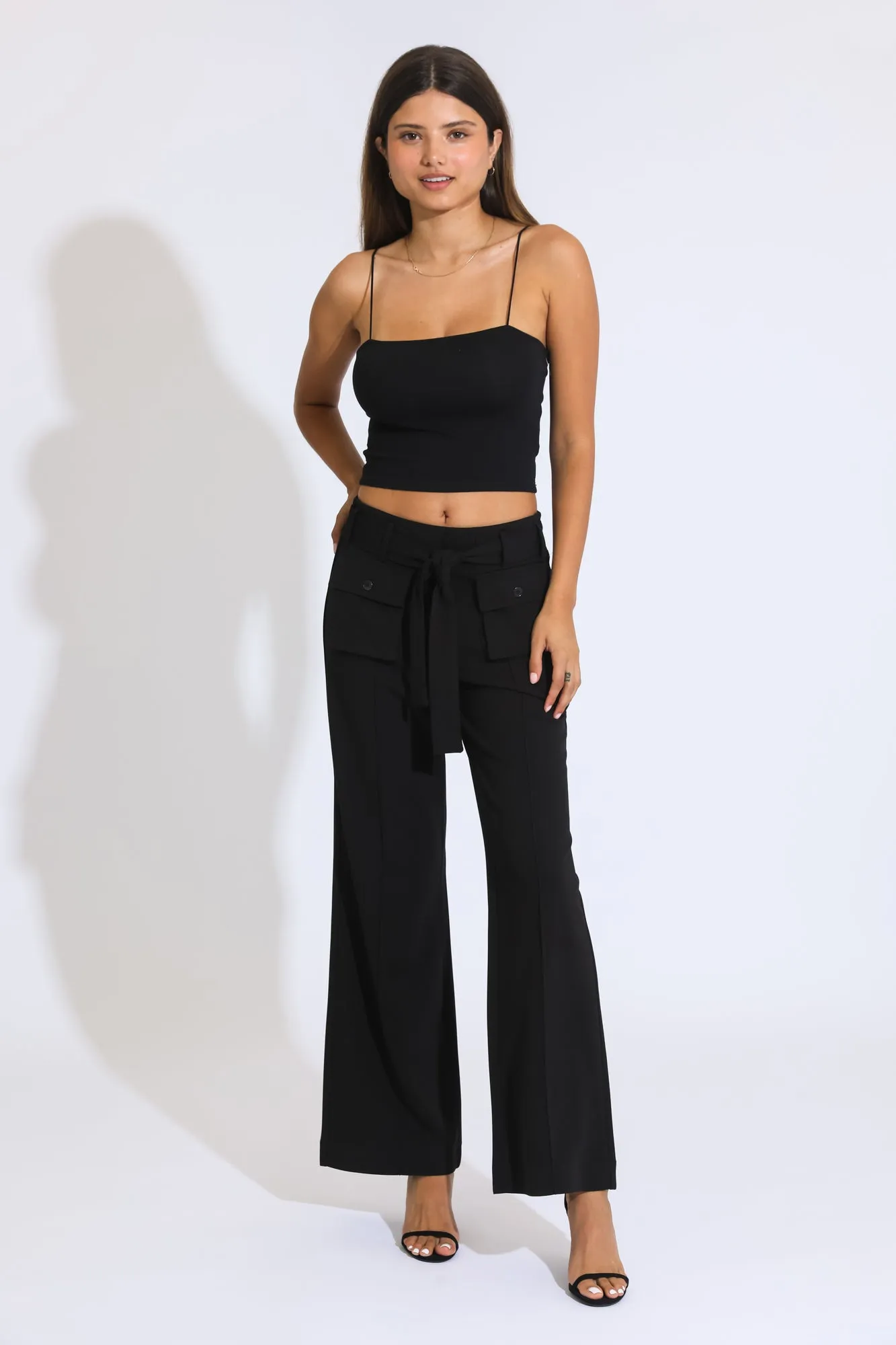 Self Tie High Rise Wide Leg Trousers - BLACK