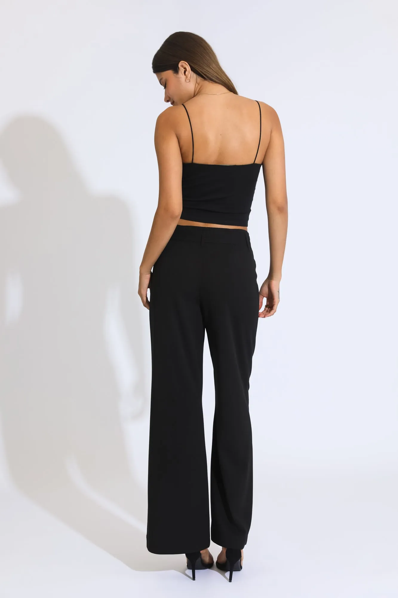 Self Tie High Rise Wide Leg Trousers - BLACK