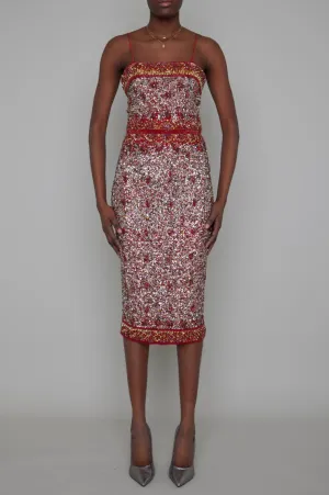 SHEERWATER HAND BEADED & SEQUINED SPAGHETTI STRAP MIDI DRESS