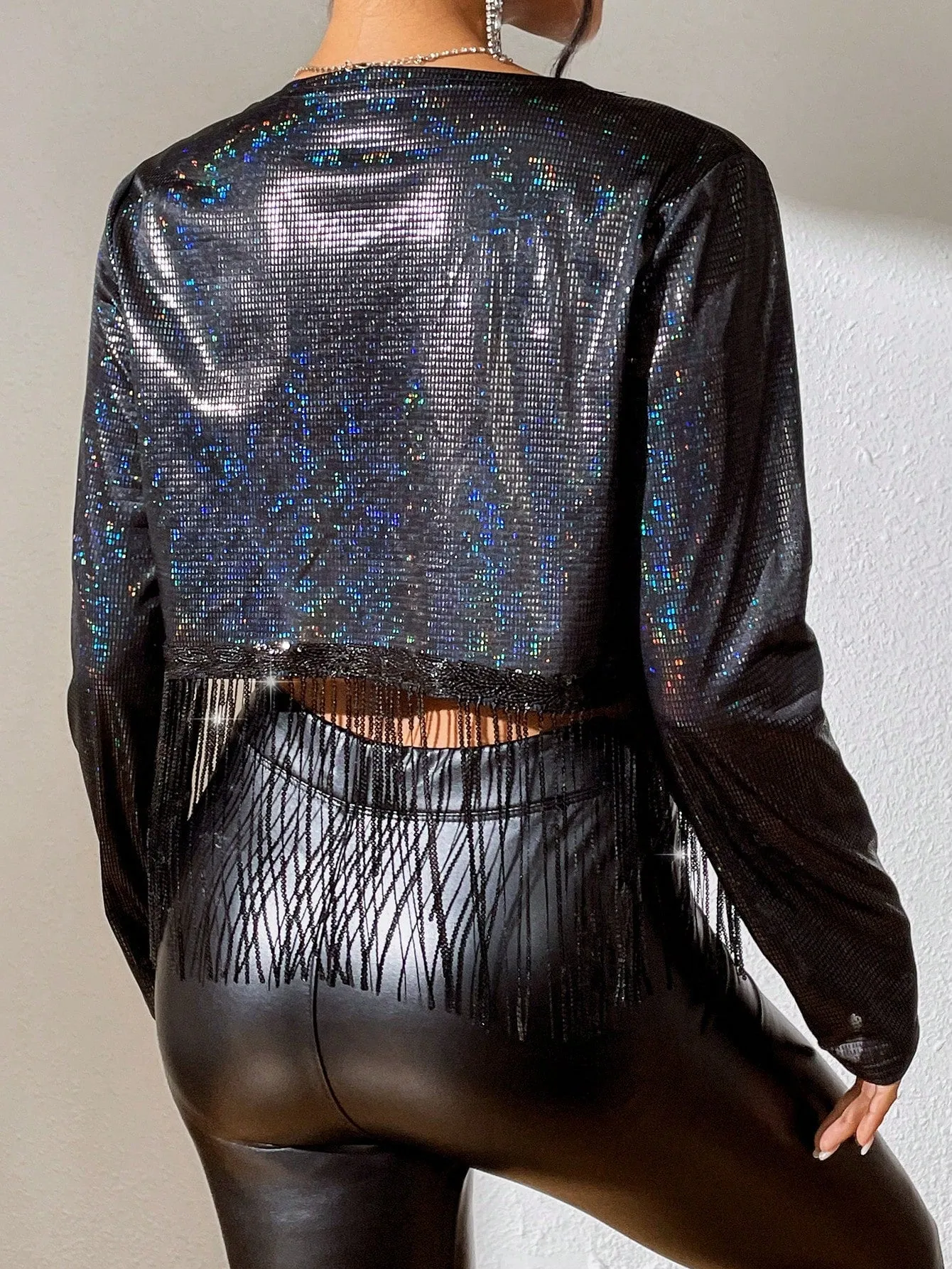 SHEIN BAE Holographic Fringe Hem Open Front Crop Jacket