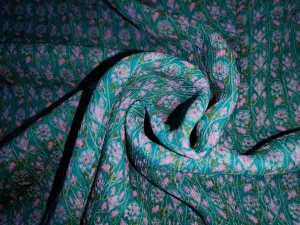 Silk chiffon printed  fabric green with pink floral stripes  44" wide [15457]