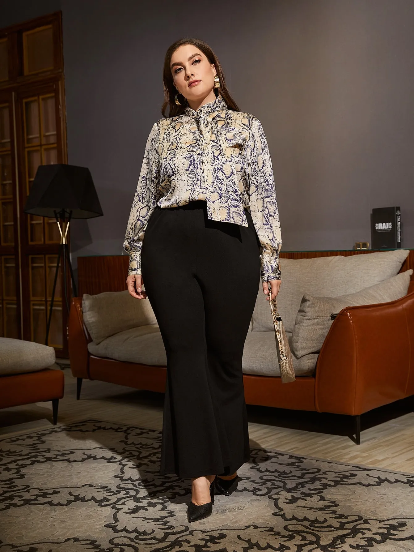 Snakeskin Print Long Sleeve Tie Neck Regular Plus Size Blouse