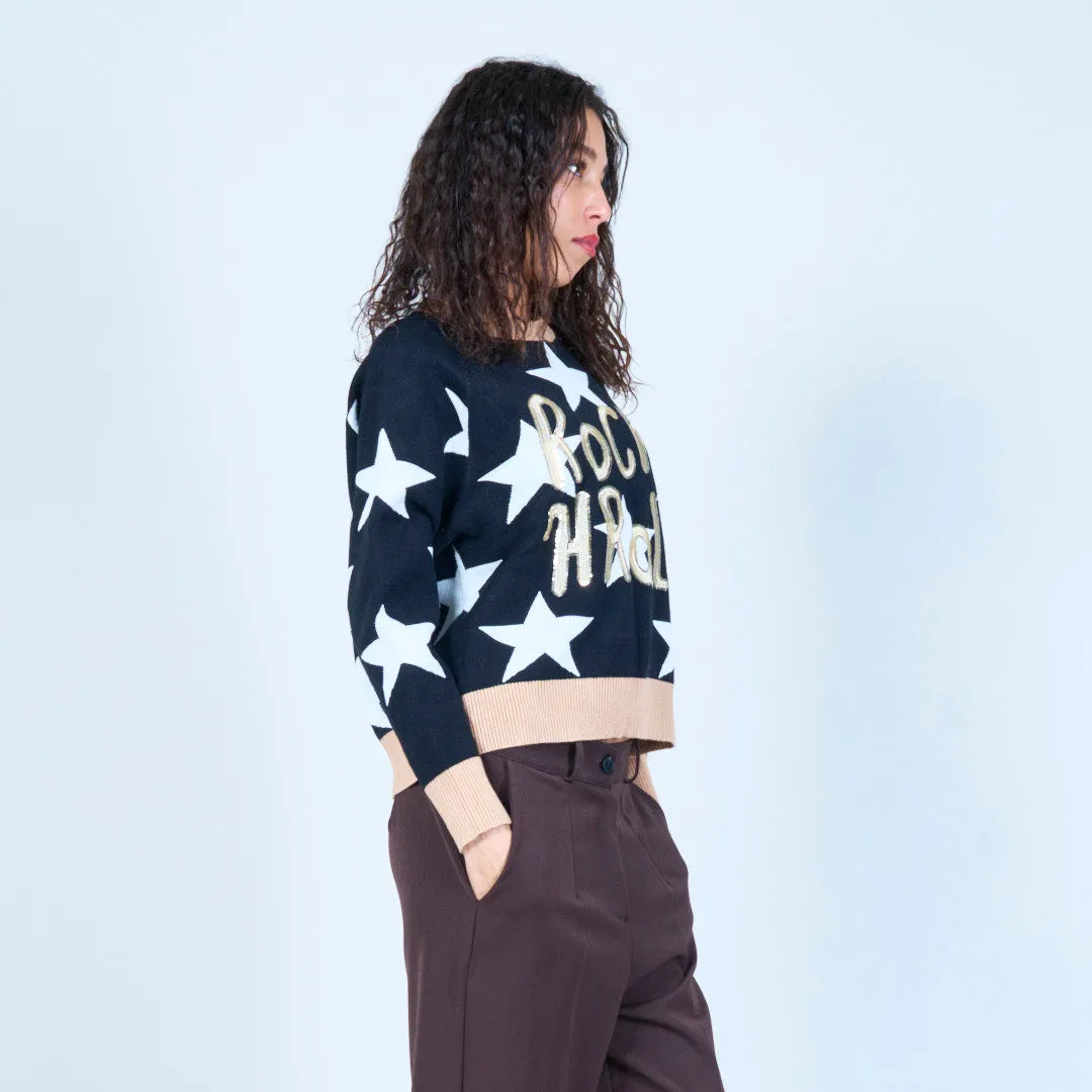 Star print sweater with "Rock & Roll" design wholesale