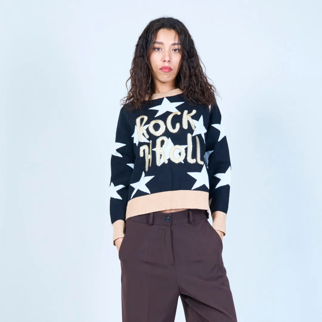 Star print sweater with "Rock & Roll" design wholesale