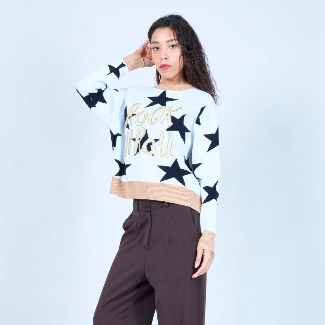 Star print sweater with "Rock & Roll" design wholesale