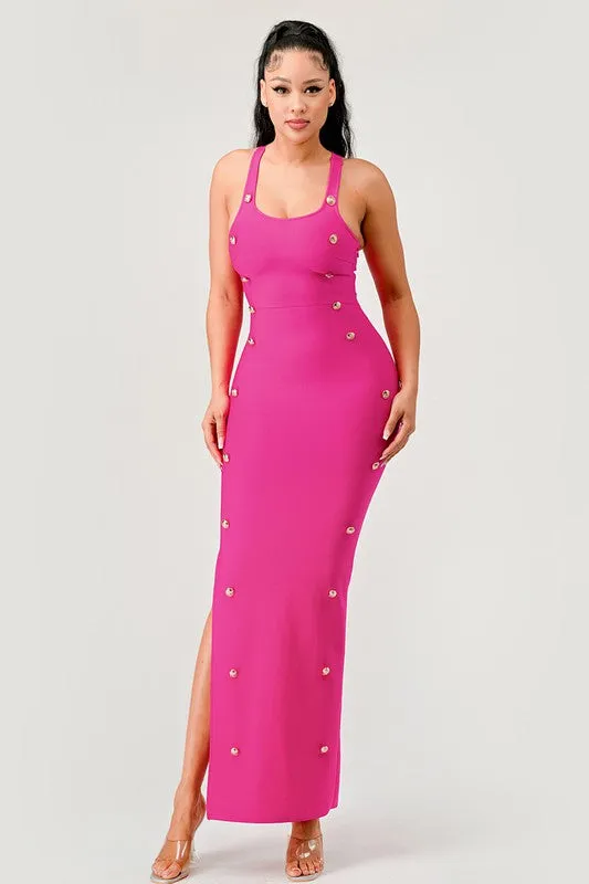 Stepping Out- Hot Pink Button Detail Bandage Fashion Dress