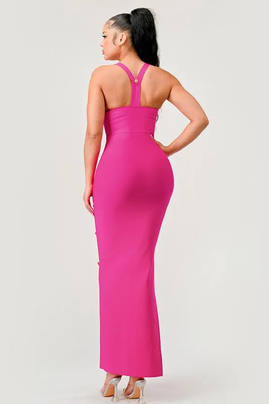 Stepping Out- Hot Pink Button Detail Bandage Fashion Dress