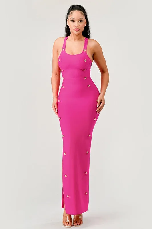 Stepping Out- Hot Pink Button Detail Bandage Fashion Dress