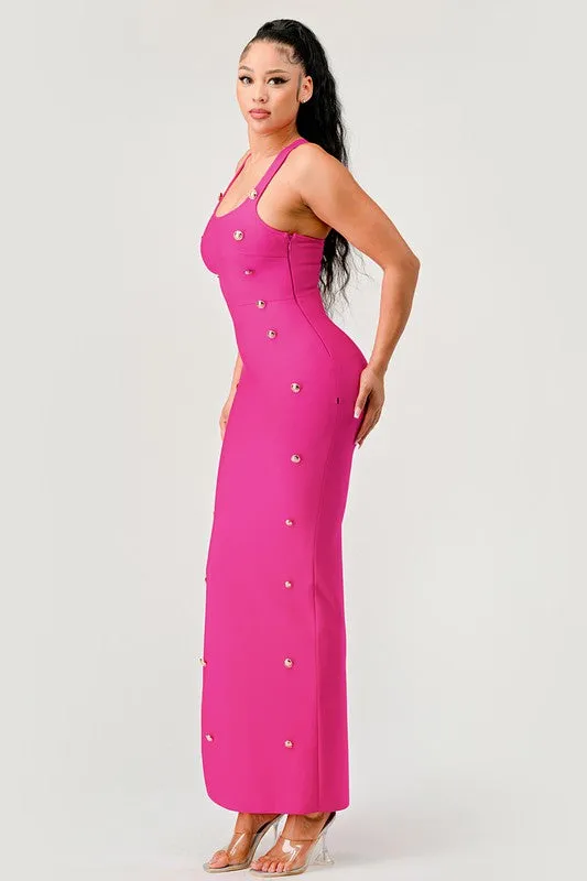 Stepping Out- Hot Pink Button Detail Bandage Fashion Dress