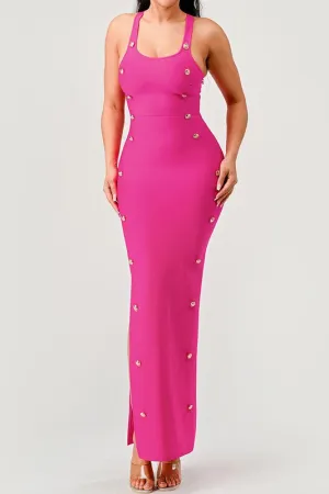 Stepping Out- Hot Pink Button Detail Bandage Fashion Dress