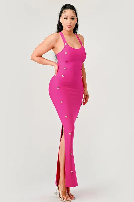 Stepping Out- Hot Pink Button Detail Bandage Fashion Dress