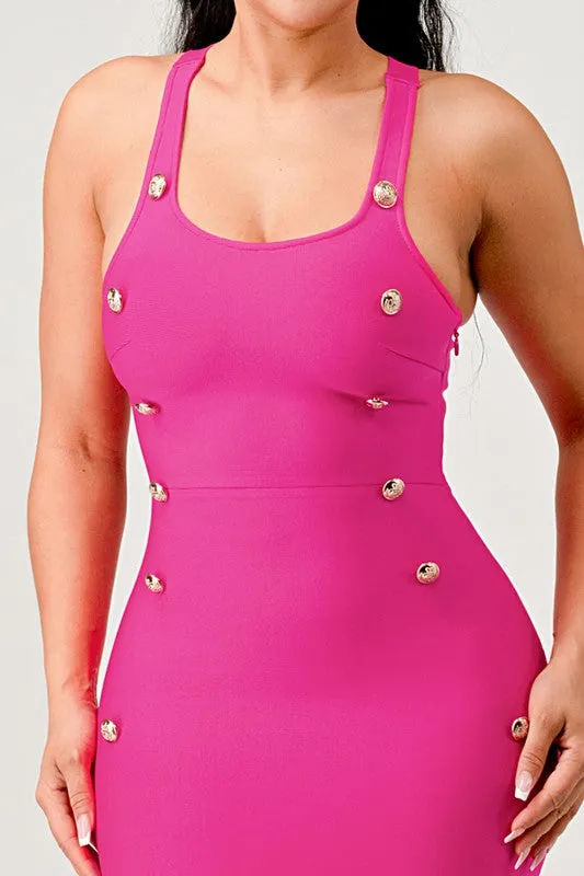 Stepping Out- Hot Pink Button Detail Bandage Fashion Dress