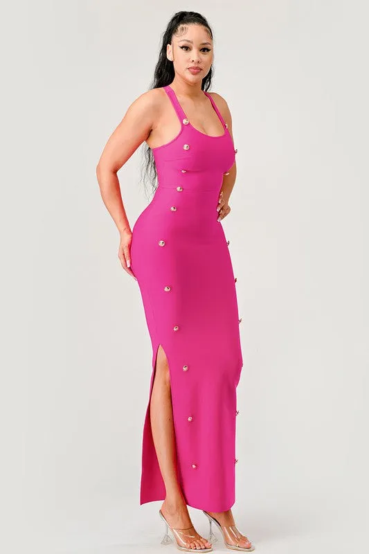 Stepping Out- Hot Pink Button Detail Bandage Fashion Dress